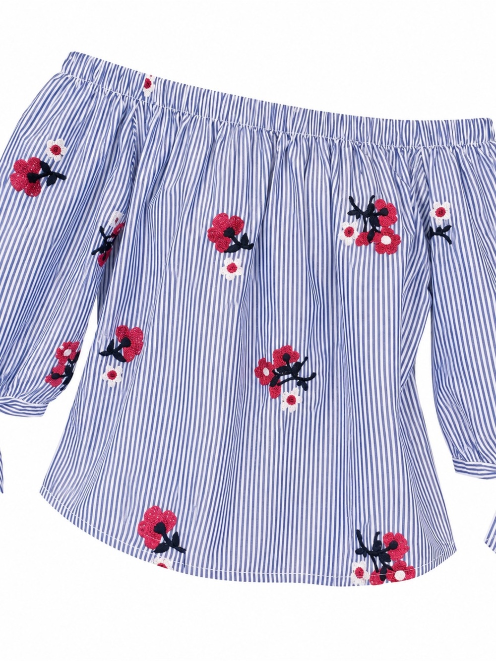 Off-Shoulder Blue Pinstripe Blouse with Red Floral Embroidery
